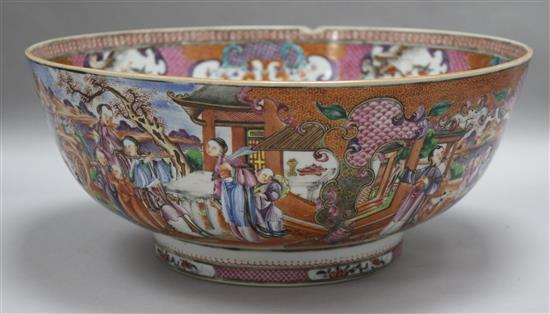 A Chinese famille rose mandarin pattern punch bowl, Qianlong period, diameter 32.5cm, chipped and cracked